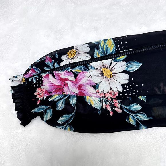 Yumi Kim Women’s Silk Blouse Sz S Black Pink Floral Print Tie Ruffled Neck - Picture 13 of 14